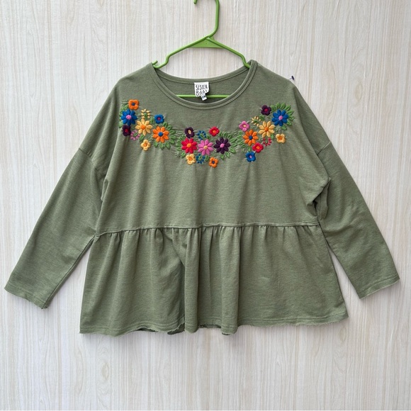 SISTER MARY Emma Floral Multicolored Embroidered Green Oversized Top Sz S/M - Picture 14 of 14